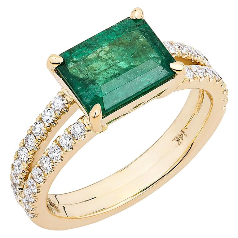 Emerald Cut Engagement Gold Statement Ring with 2.20ct Sapphire and Diamonds 14K Yellow Gold
