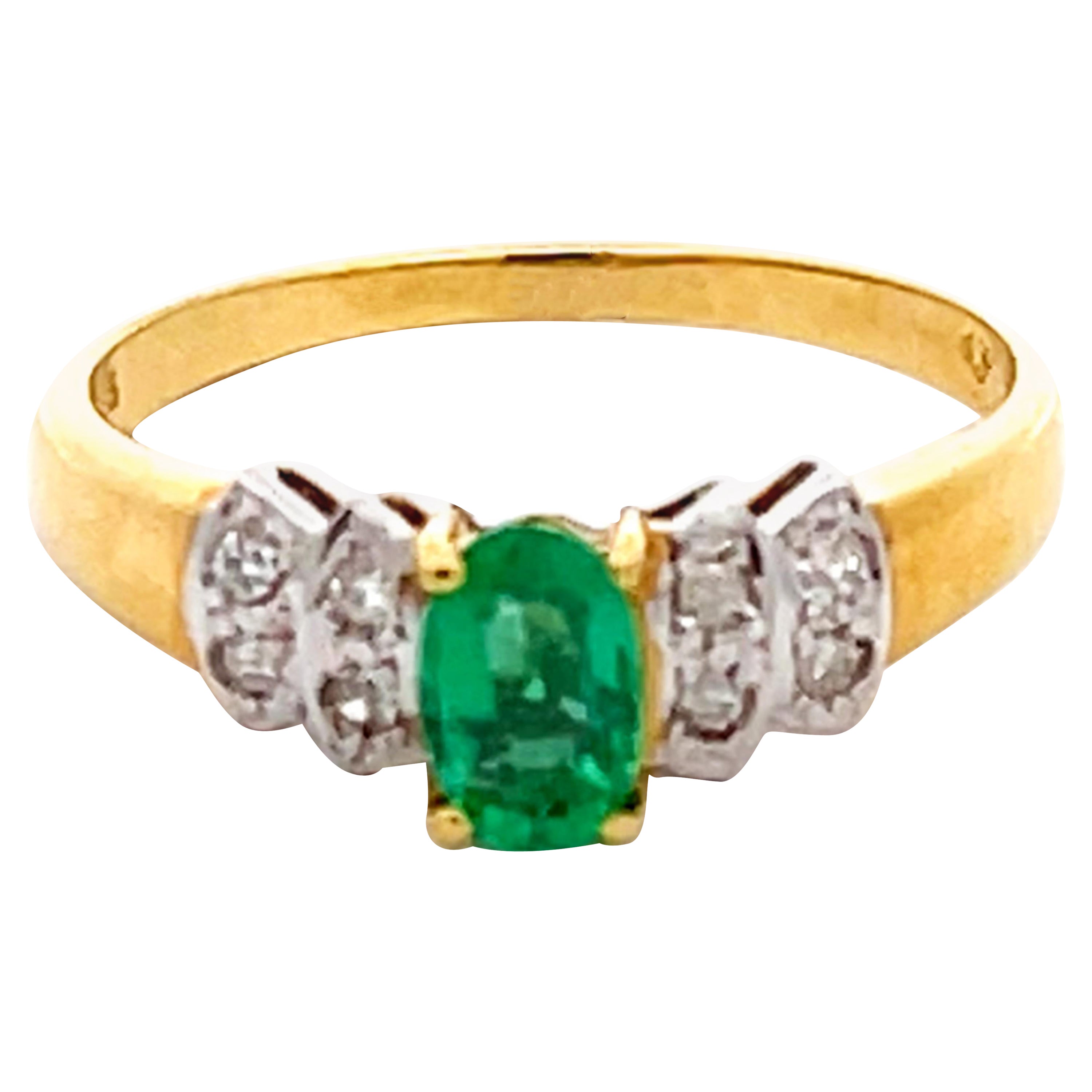Vintage Green Oval Emerald and Diamond Ring in 14k Yellow Gold For Sale
