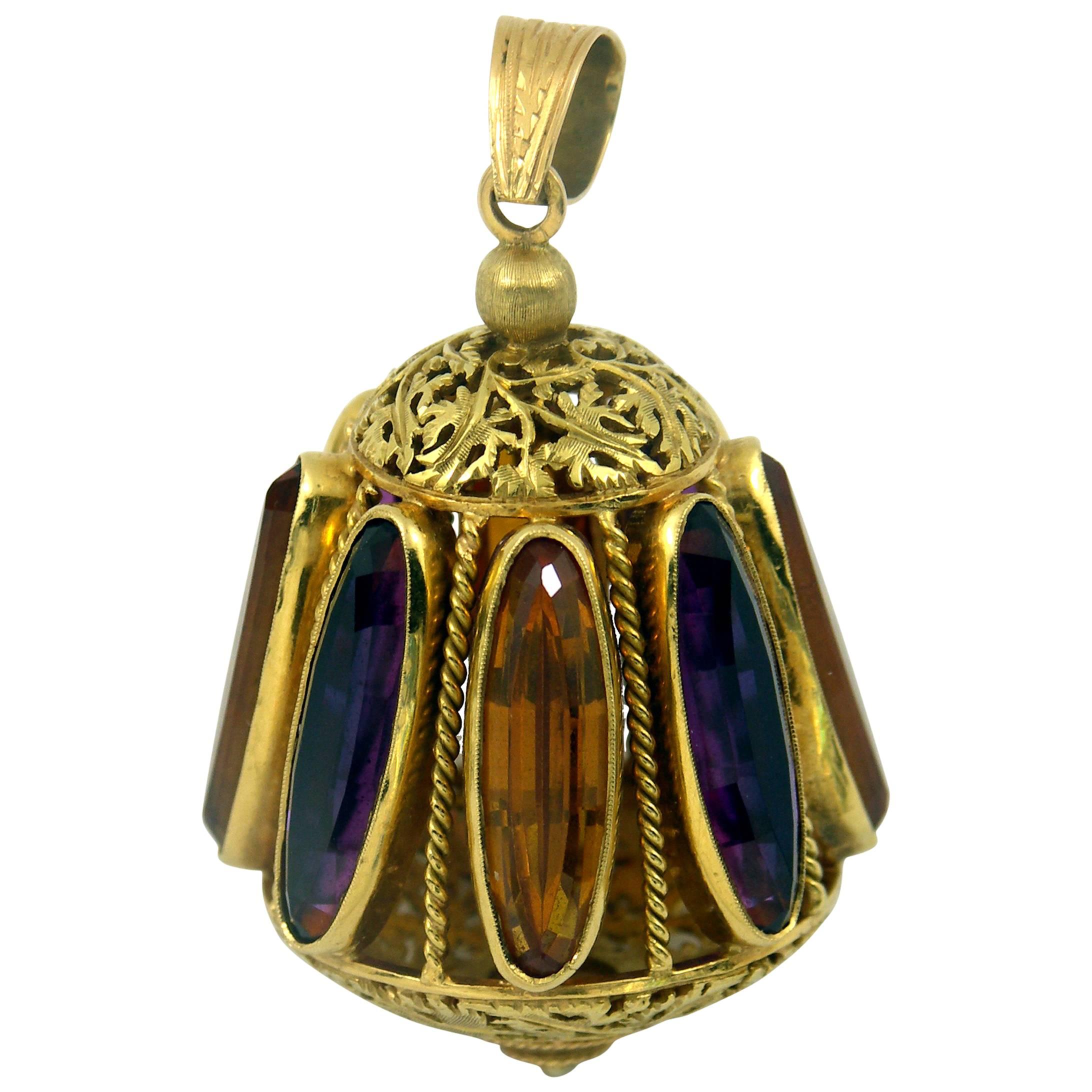 Amethyst Citrine Gold Etruscan Revival Charm For Sale