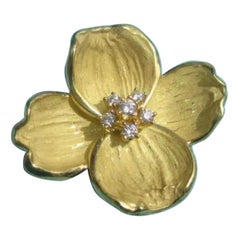 Tiffany & Co. Dogwood 5 Diamond Flower 18K Yellow Gold Enamel Pin Brooch Rare
