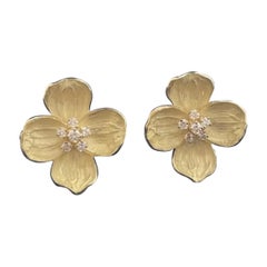 Tiffany & Co. Dogwood 12 Diamond Flower 18K Yellow Gold Enamel Earrings Rare