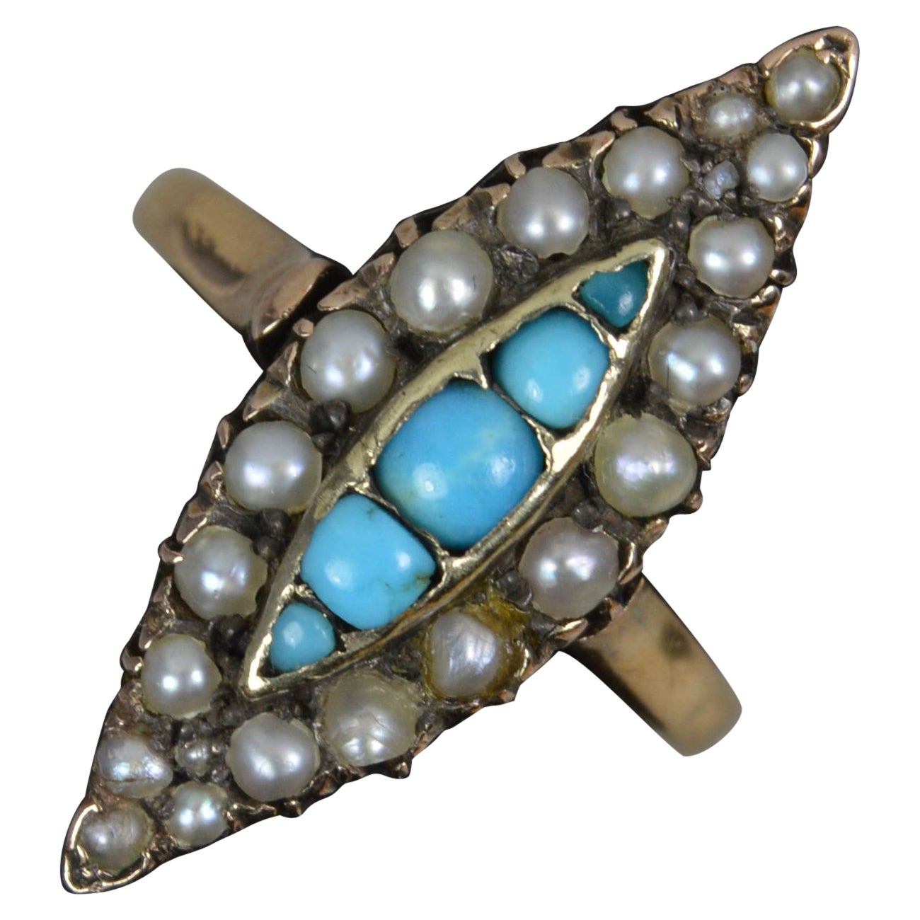 Victorian 18ct Gold Turquoise and Pearl Navette Cluster Ring For Sale