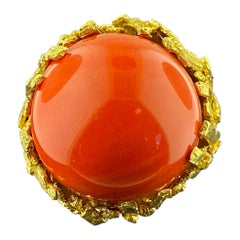 Vintage 25 MM Cabochon Red Oxblood Coral & Yellow Gold Ring