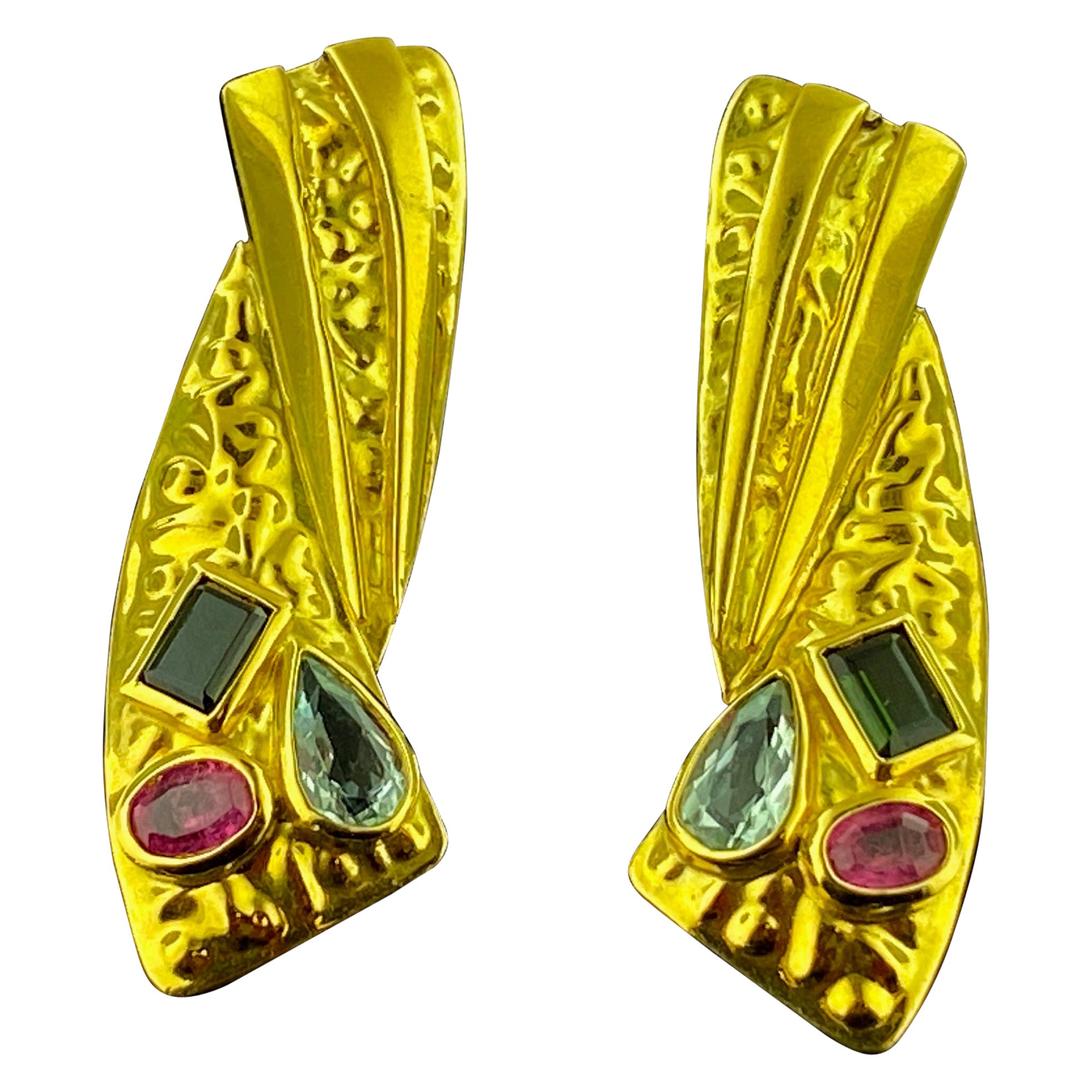 Multi-Gem 18 Karat Yellow Gold Drop Earrings For Sale