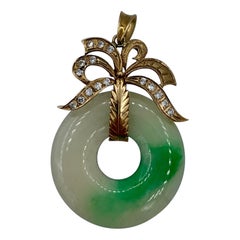 Jade 16 Diamant-Halskette mit Kreis-Anhänger, antik 14 Karat Gold