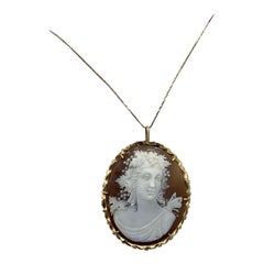 Bacchus Dionysus with Butterfly Cameo Pendant Brooch 14 Karat Gold Vintage