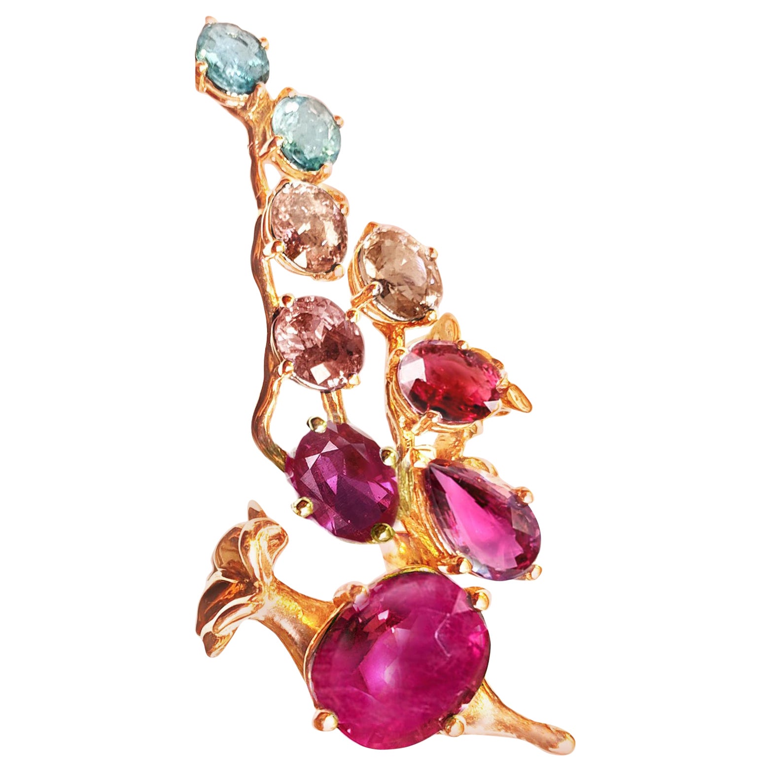 Eighteen Karat Rose Gold Contemporary Brooch with Pink Rubies and Malaya Garnet For Sale