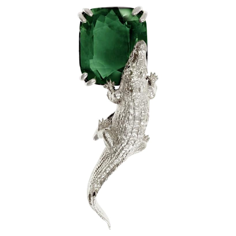 White Gold Egyptian Revival Brooch with Green Seven Carats Tourmaline For Sale