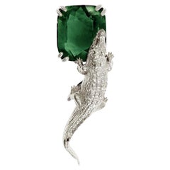 White Gold Egyptian Revival Brooch with Green Seven Carats Tourmaline