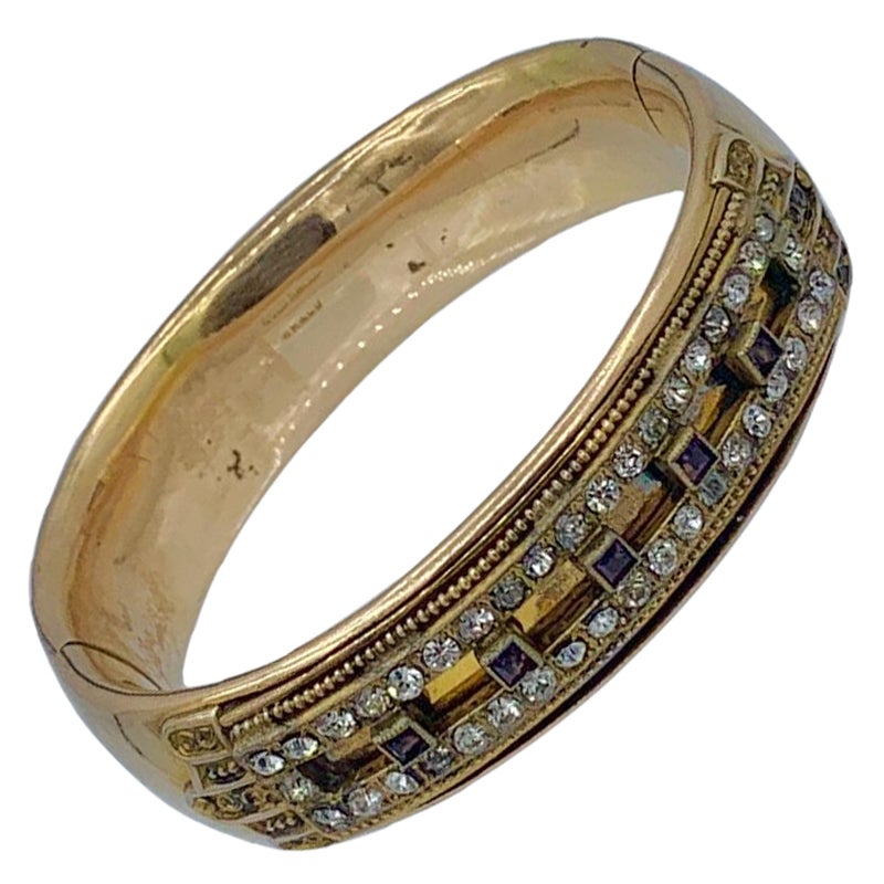 Victorian MH & Co. Bangle Bracelet Gold Shell Amethyst Rhinestone Paste, c 1900 For Sale
