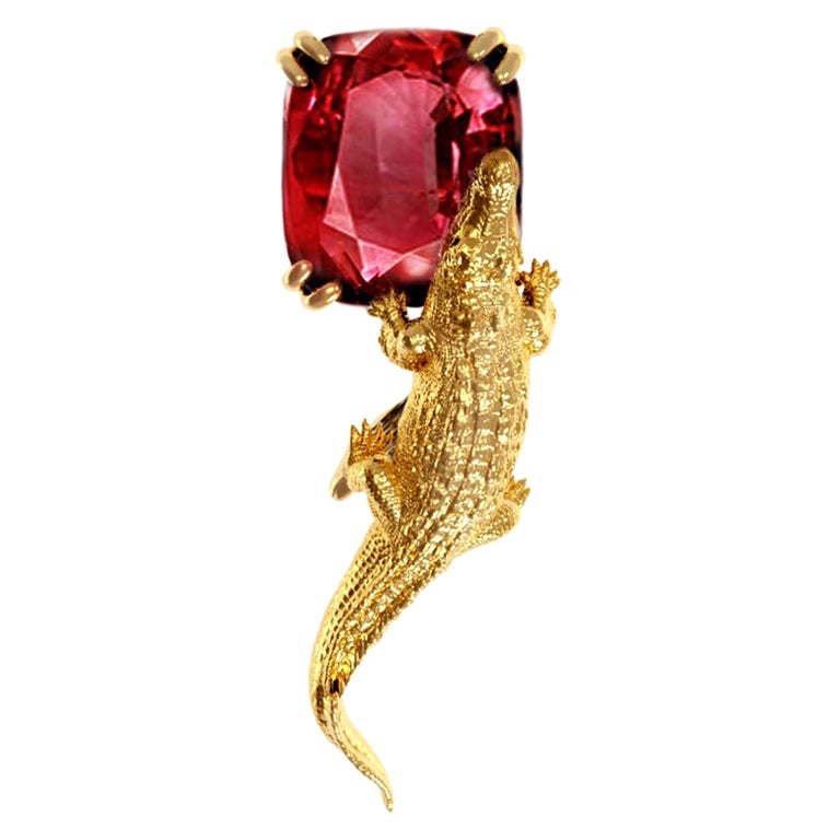 18 Karat Yellow Gold Artist Brooch with 6.41 Cts Perfect Malaia Garnet For Sale