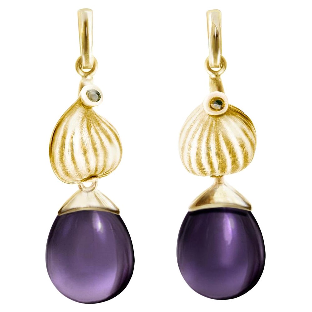 Yellow Gold Fig Fruits Cocktail Earrings with Amethysts by the Artist