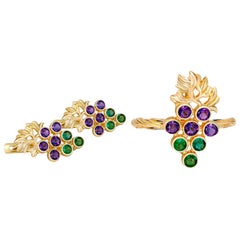 Emerald and Amethyst Set, Ring and Earrings in 14k Gold