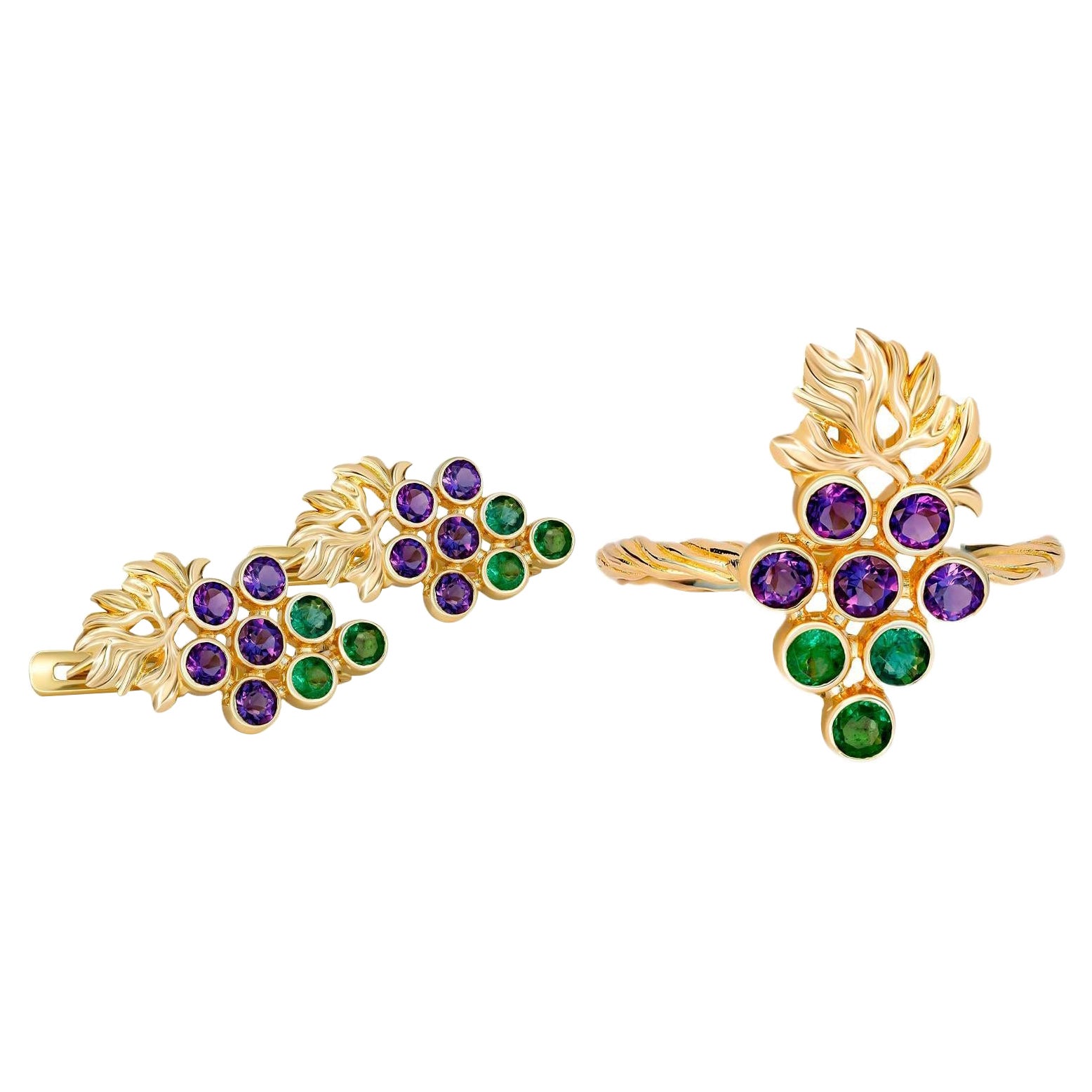 Emerald and Amethyst Set: Ring and Earrings in 14k Gold For Sale