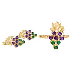 Emerald and Amethyst Set: Ring and Earrings in 14k Gold