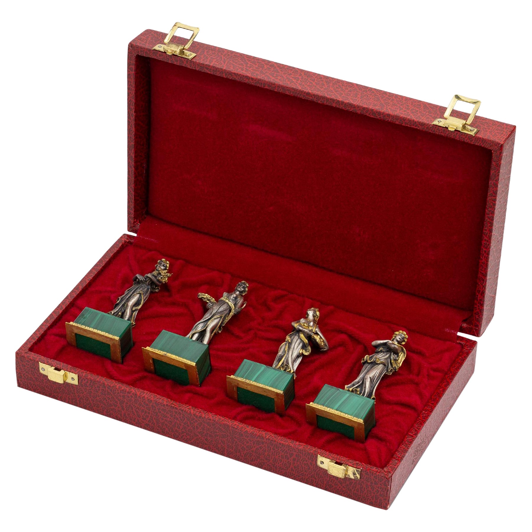 „Die vier Jahreszeiten“-Figuren aus vergoldetem Silber und Malachit