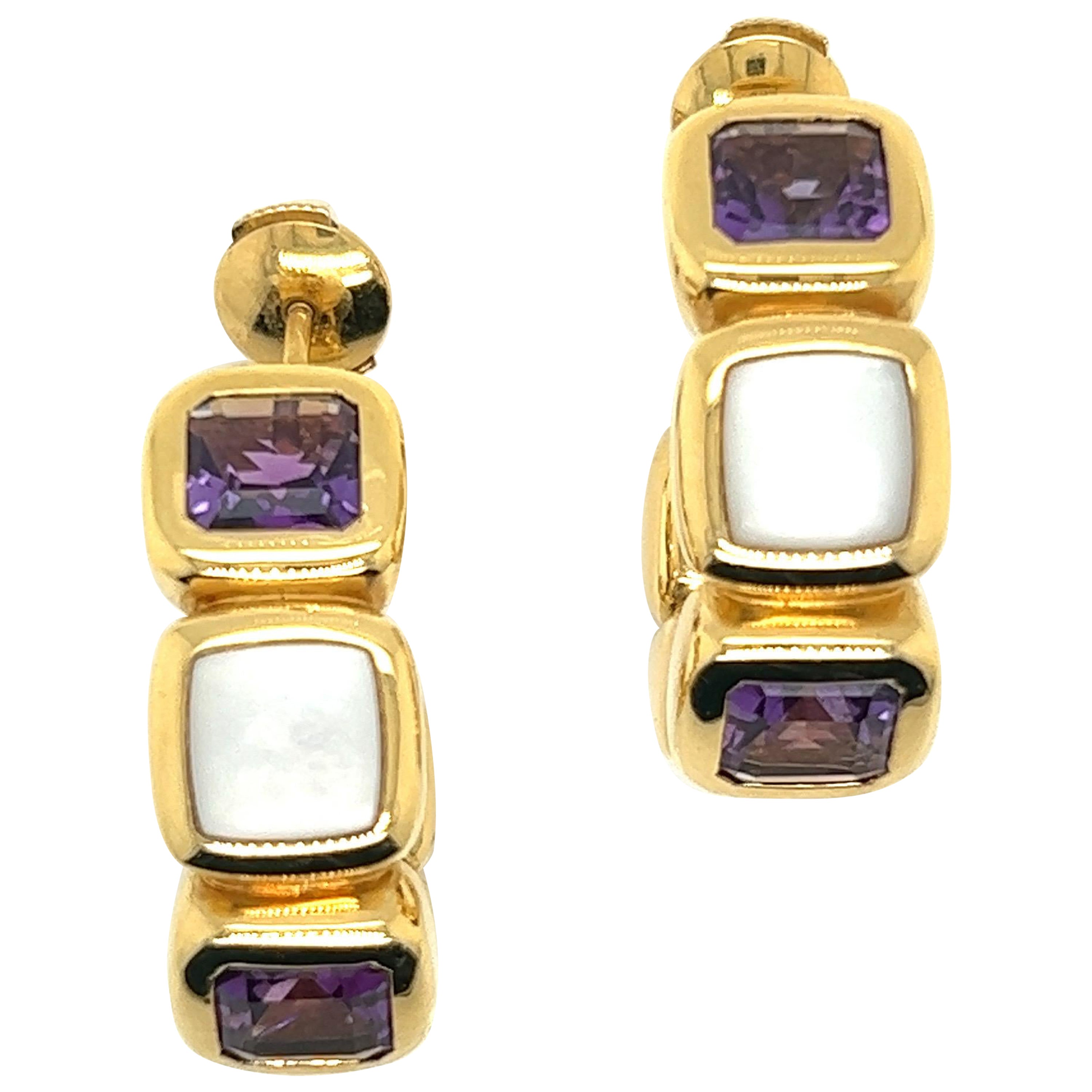 Vintage Earrings in Yellow Gold, Amethysts and Mother-of-pearl