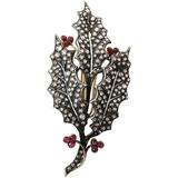 Spilla a foglia d'oro in argento con diamante e tormalina rosa