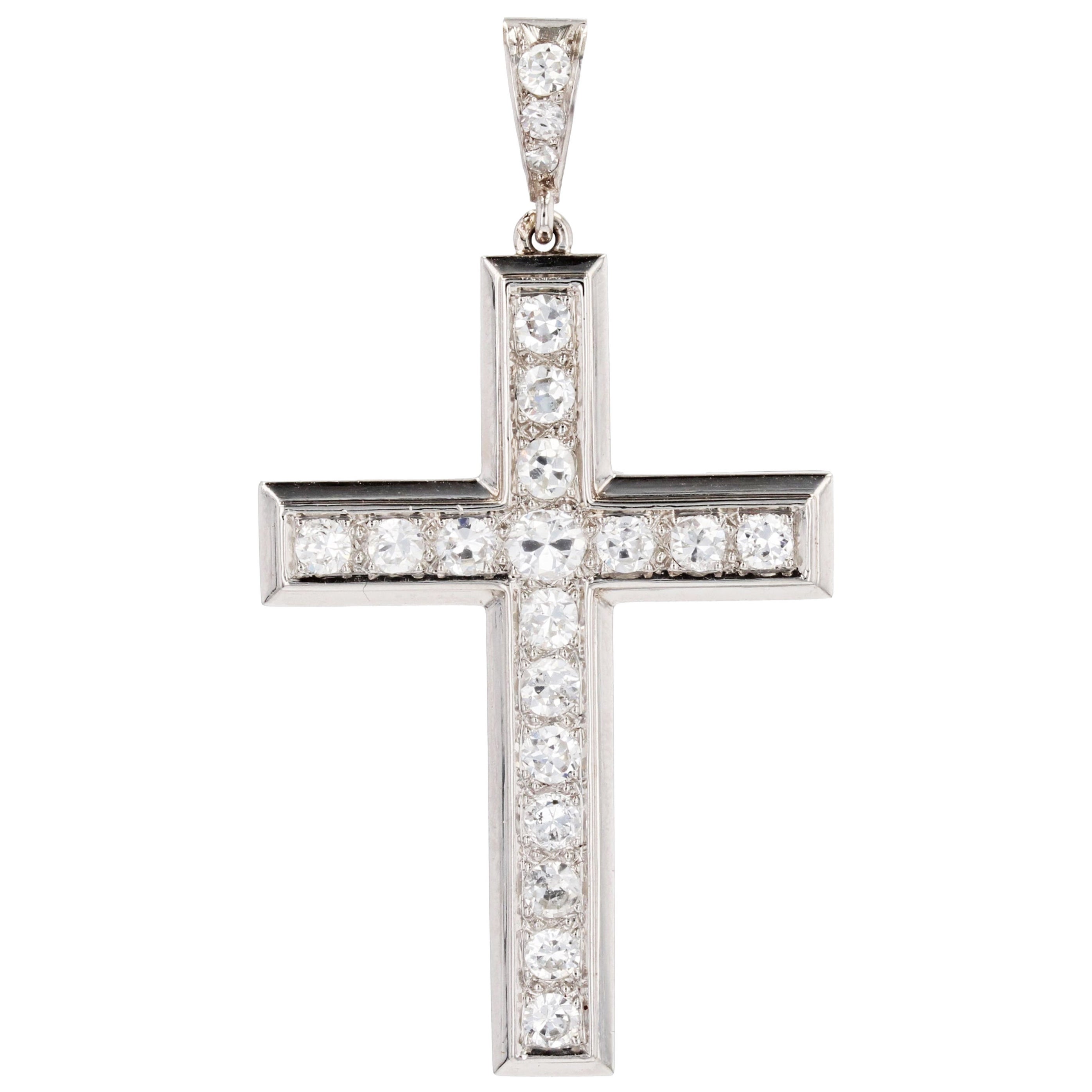 Pendentif croix en platine Art déco français des années 1930 avec diamants de 1,70 carat en vente
