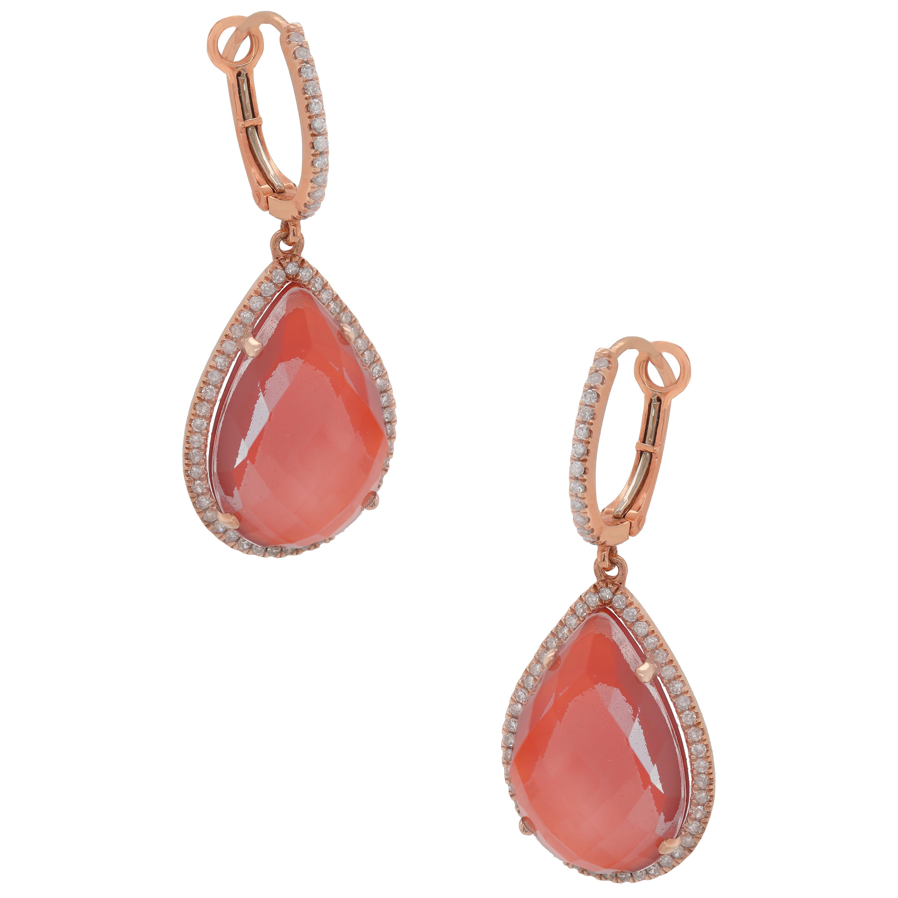 Pear Shape Red Agate and White Topaz Diamond Drop Earrings 14K Rose Gold For Sale