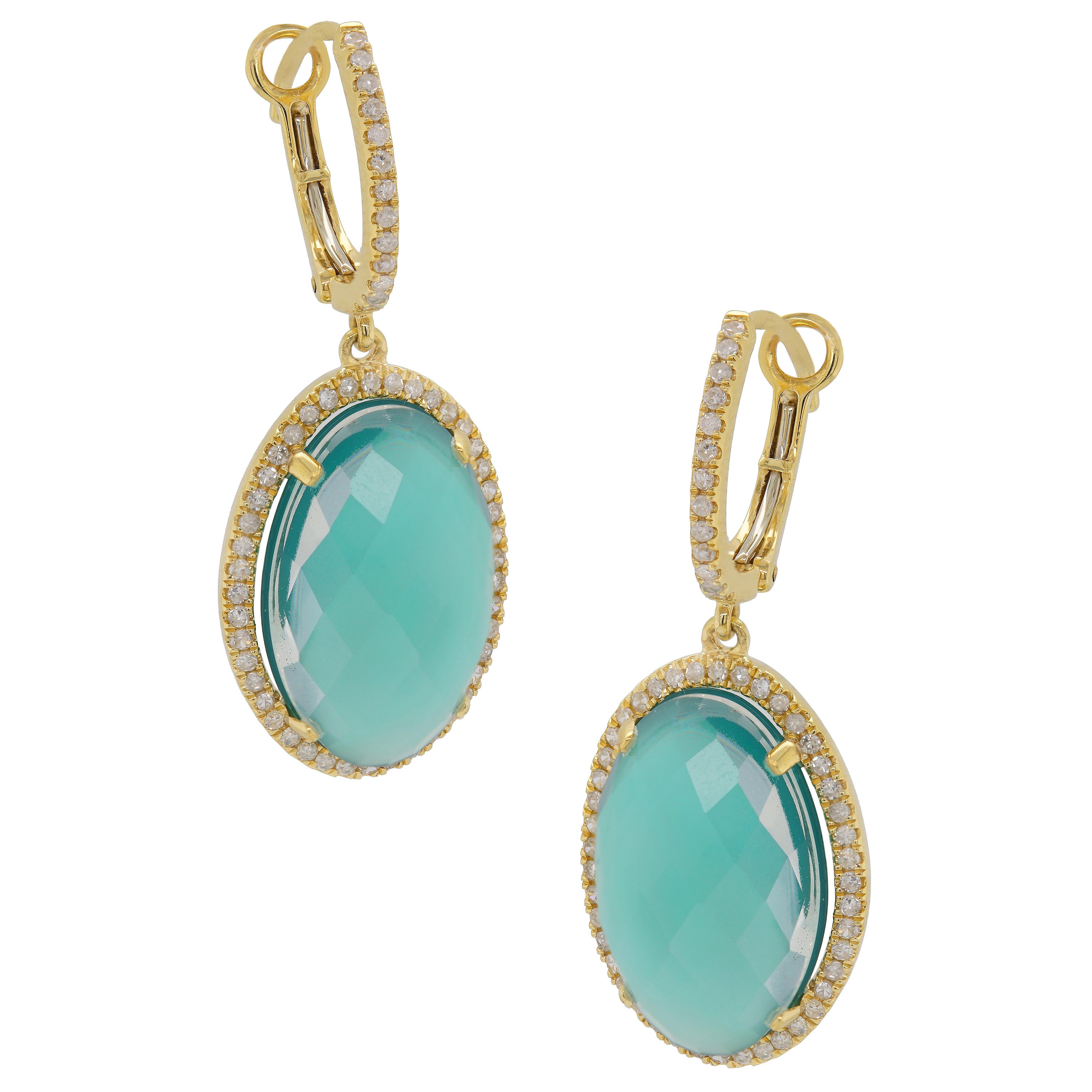 Oval Green Agate and White Topaz Diamond Drop Earrings 14K Yellow Gold For Sale