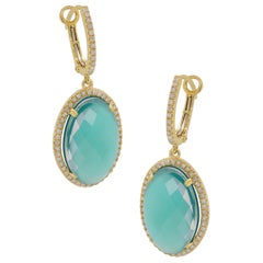 Oval Green Agate and White Topaz Diamond Drop Earrings 14K Yellow Gold