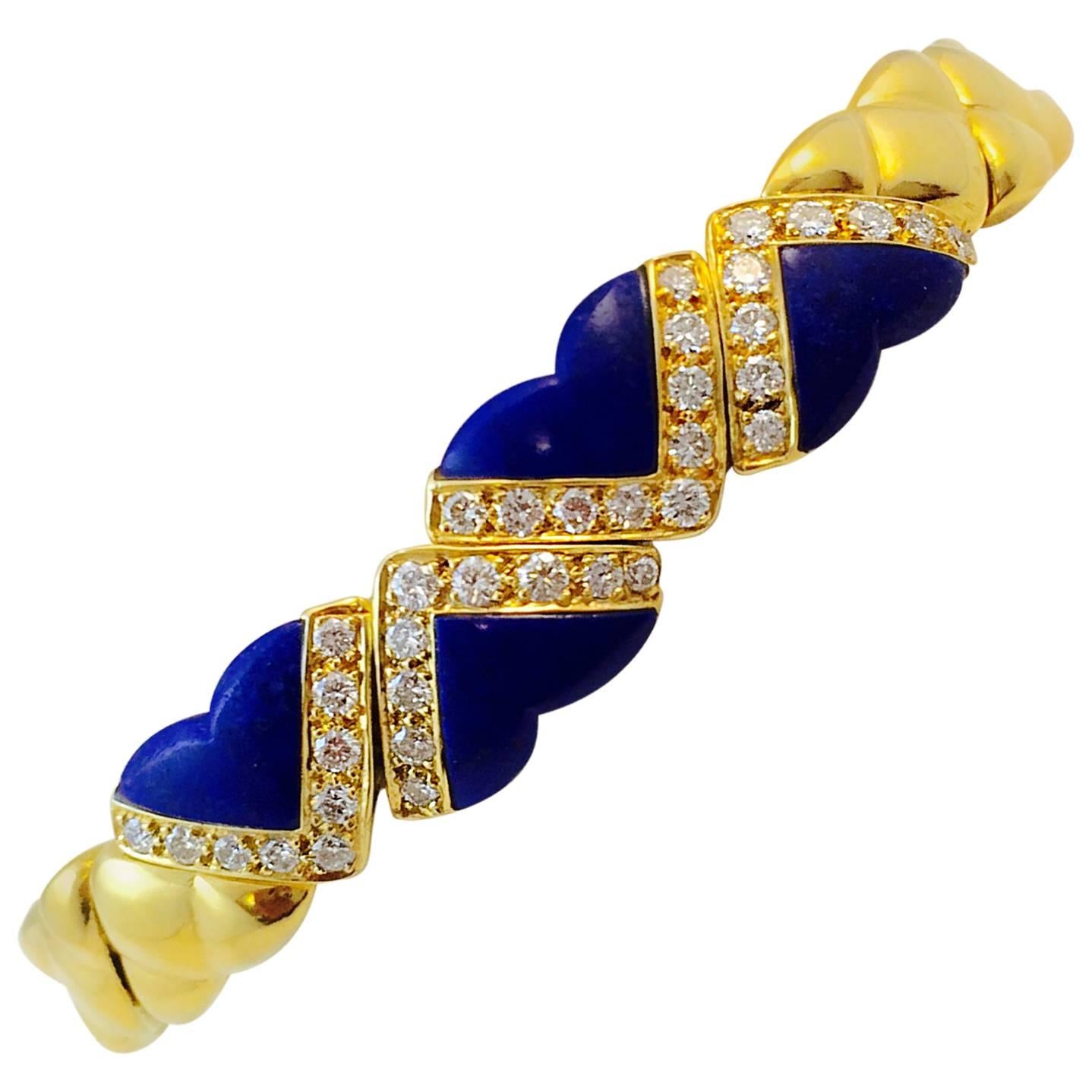 1980s Fred of Paris Lapis Diamonds Gold Heart Links Bracelet For Sale