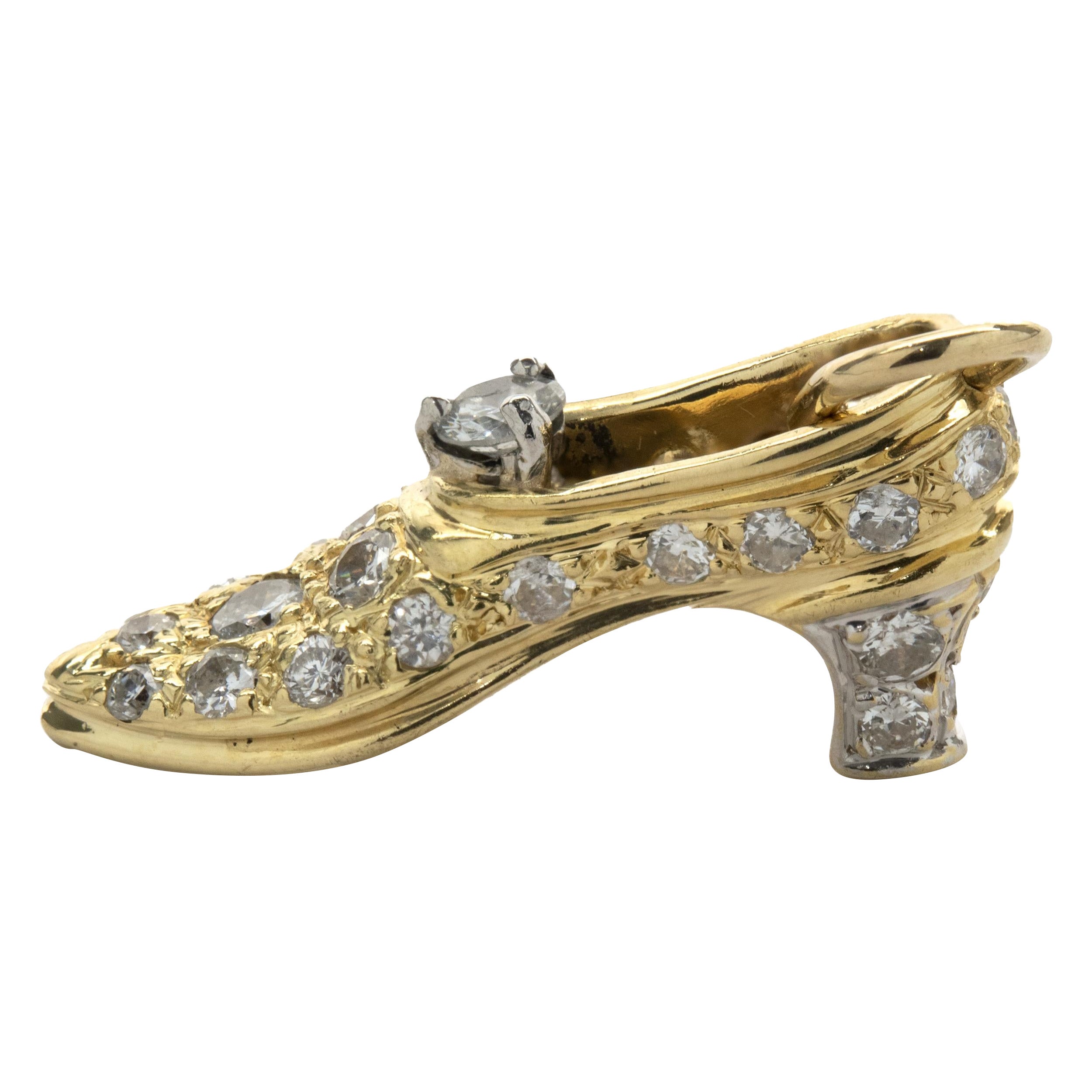 18 Karat Yellow Gold Pave Diamond High Heel Pendant For Sale