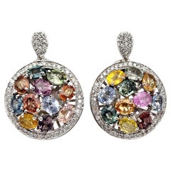 Vintage Multicolor Natural Sapphire and Diamond Halo Cluster Clip on Earrings White Gold