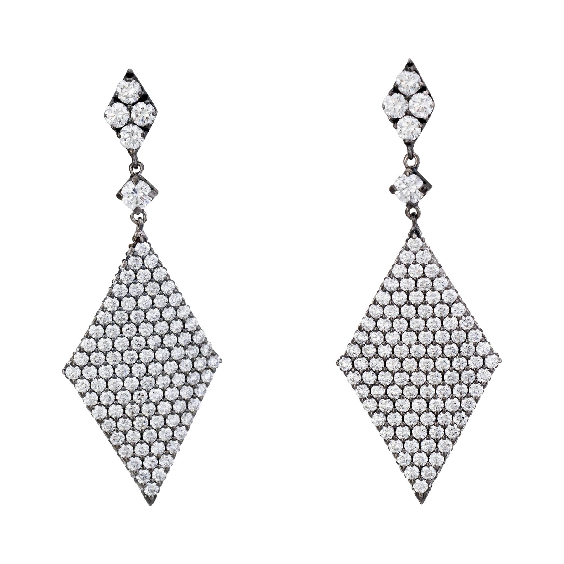 Diamond Triangle Pendant Drop Earrings 18k Blackened Gold Estate Contemporary For Sale