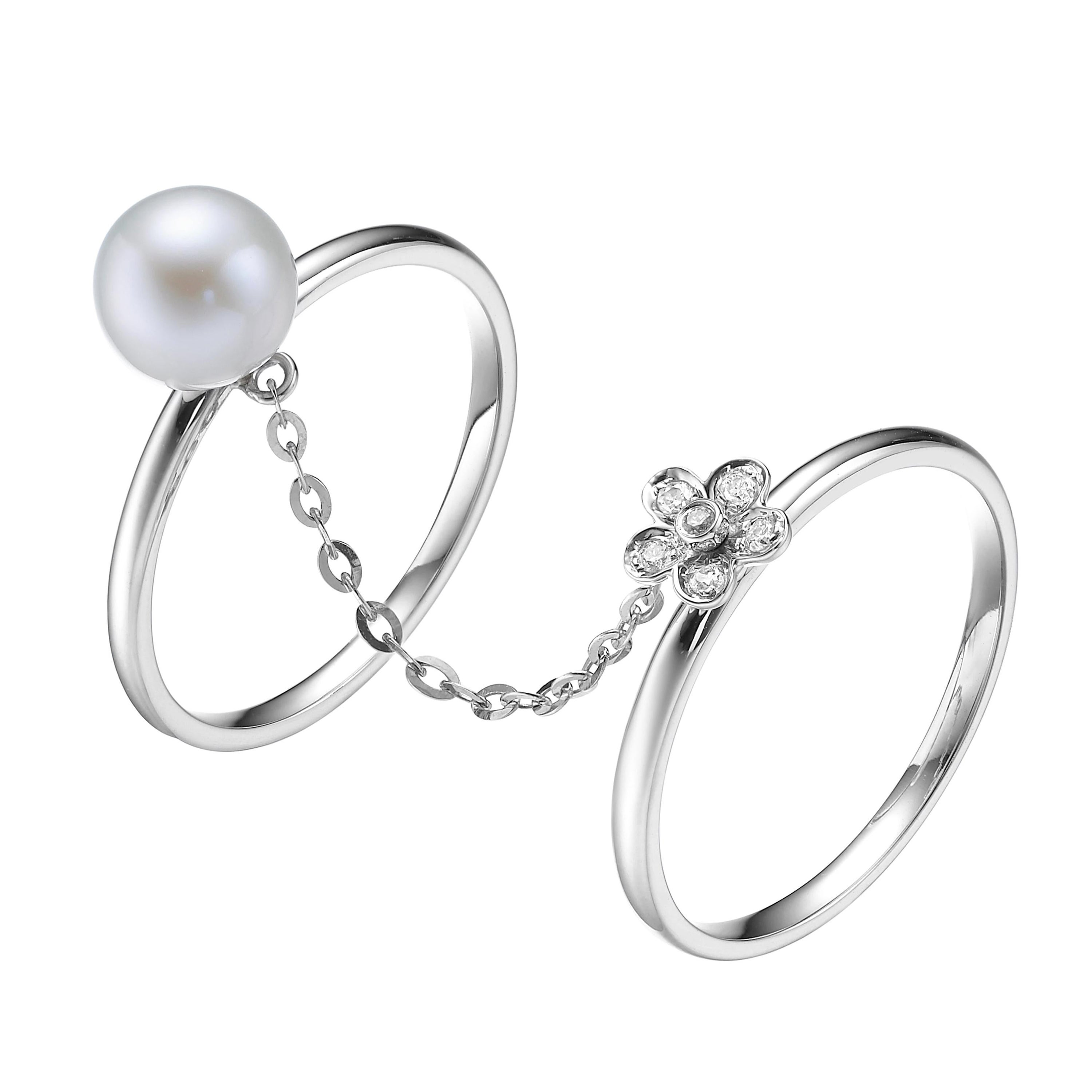 Fei Liu Freshwater Pearl Diamond 18 Karat White Gold Flower Chain Midi Ring