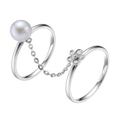 Fei Liu Freshwater Pearl Diamond 18 Karat White Gold Flower Chain Midi Ring
