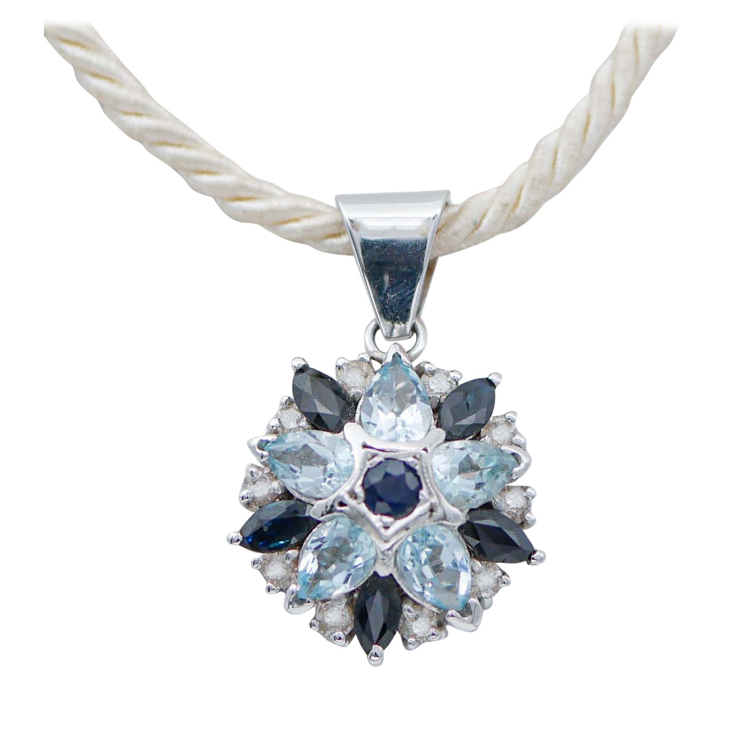 Topazs, Sapphires, Diamonds, 14 Karat White Gold Pendant Necklace For Sale