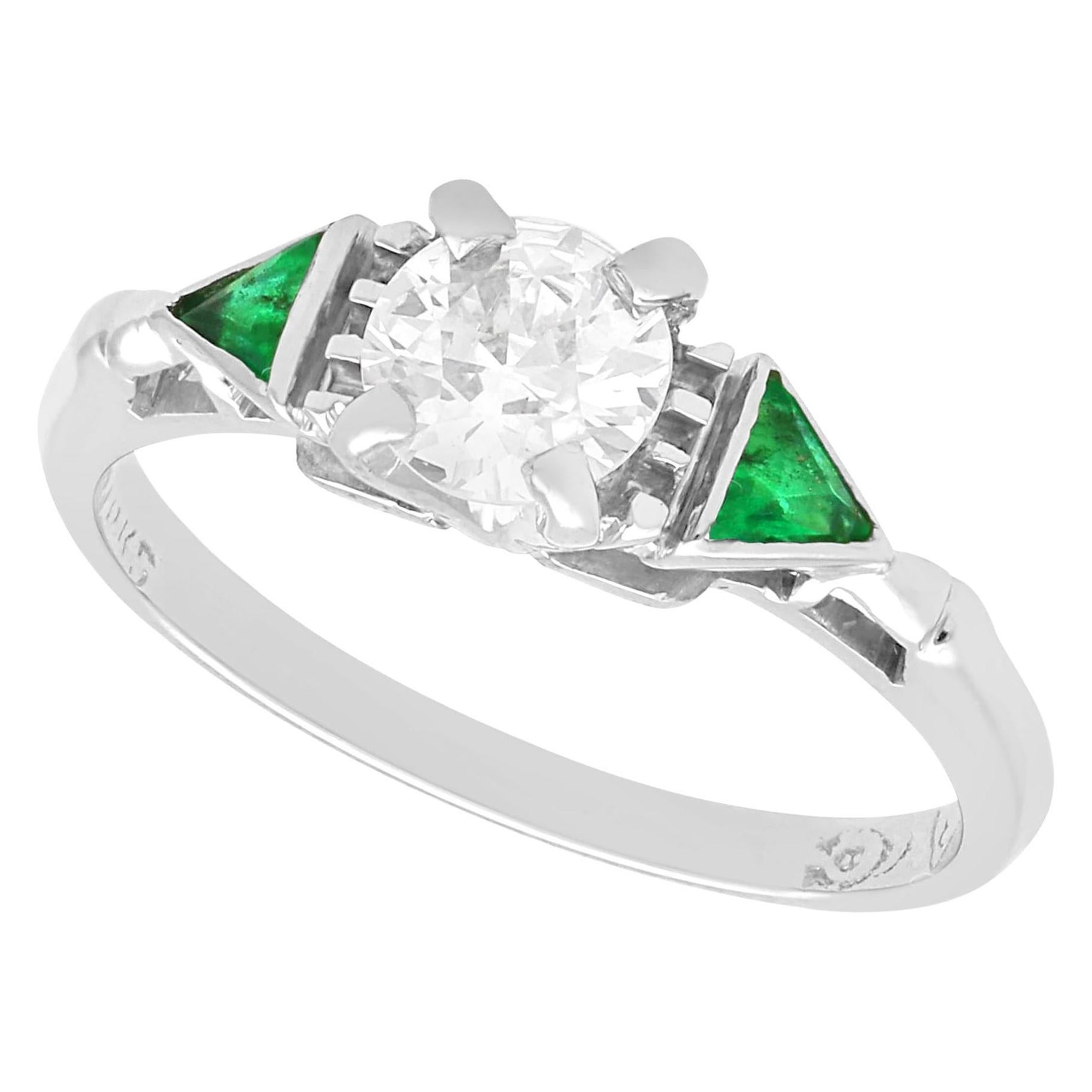 Vintage 0.55ct Diamond and 0.22ct Emerald 18k White Gold Trilogy Ring For Sale