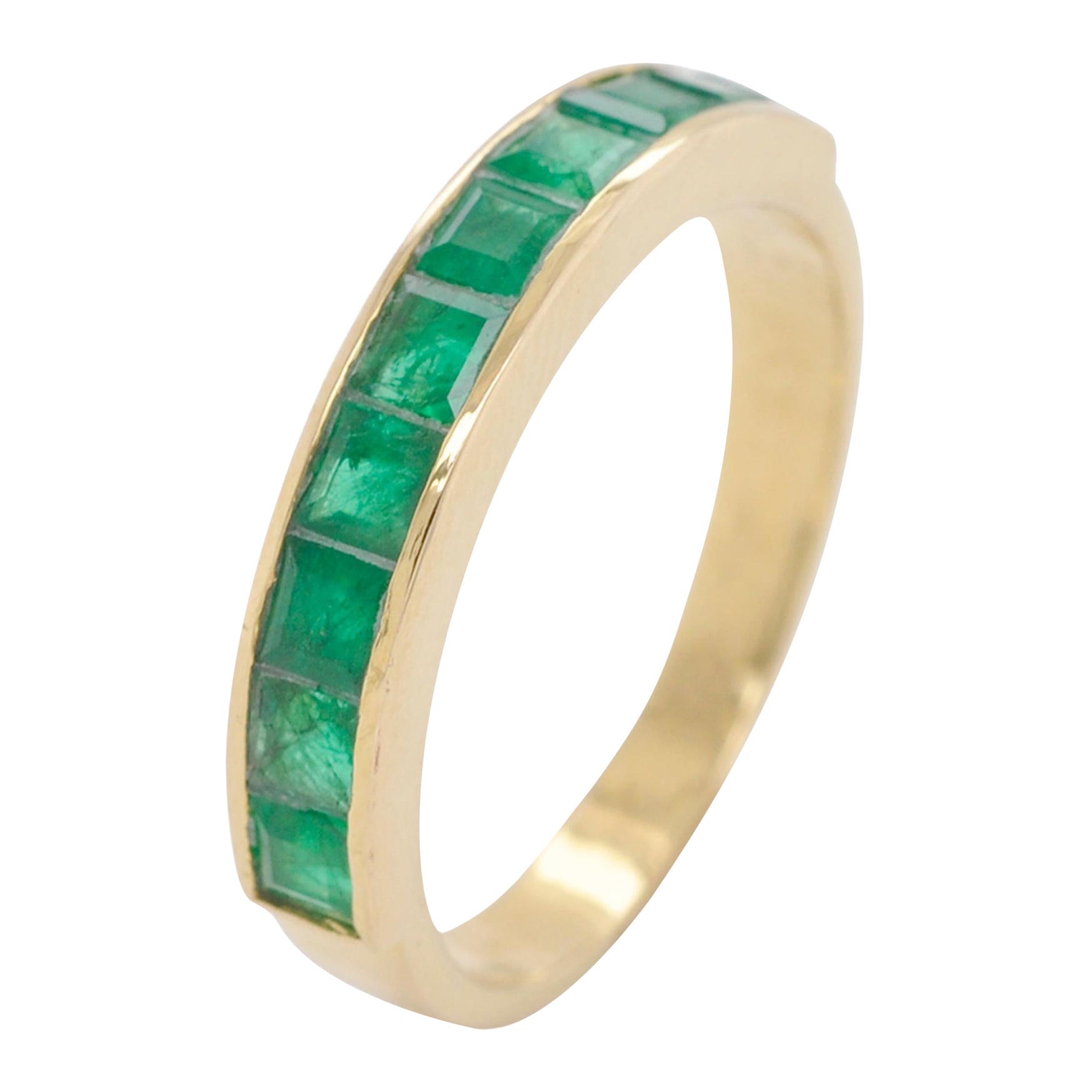 18 Karat Gold Channel Set Zambian Emerald Square Classic Band Ring For Sale
