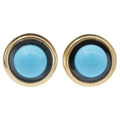 Turquoise, Onyx, 18 Karat Yellow and White Gold Earrings.