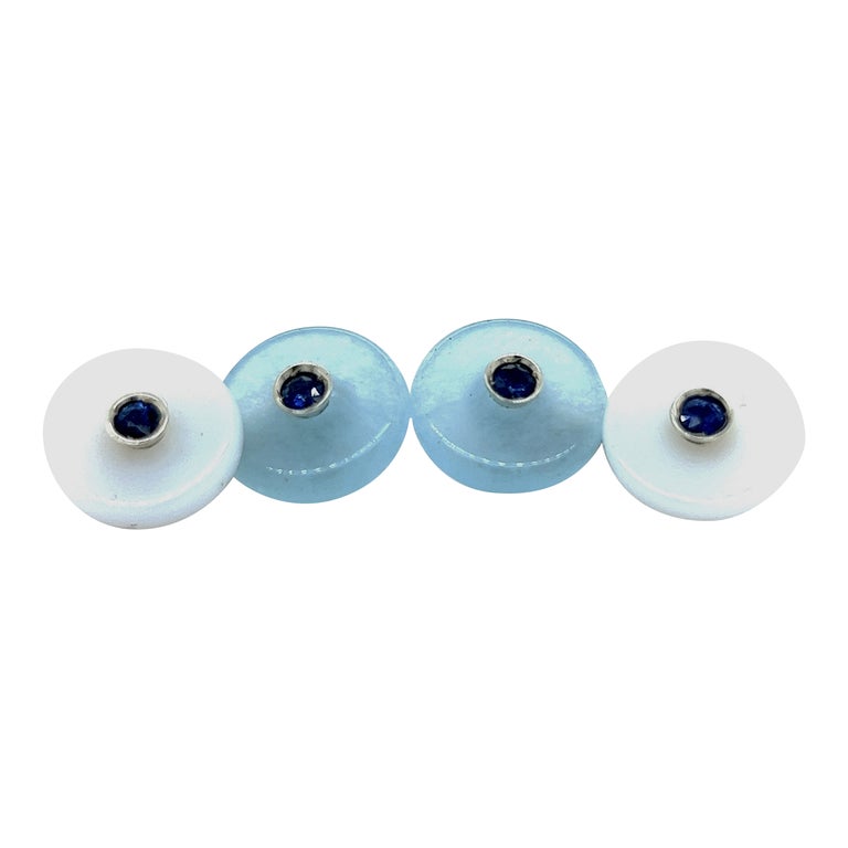 Berca Sapphire in an Aquamarine Chalcedony Disk Setting White Gold  Cufflinks For Sale at 1stDibs