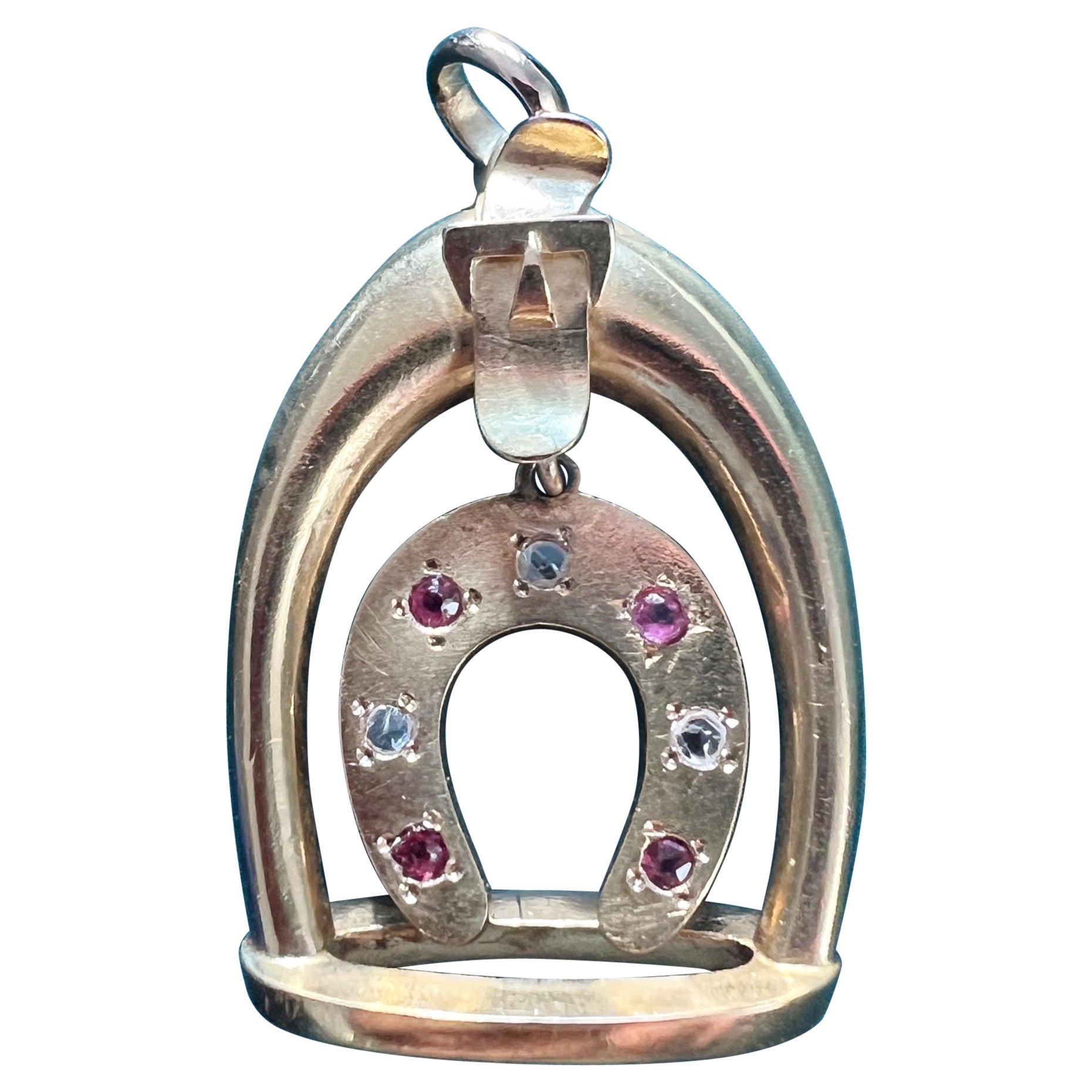 Victorian era 18K gold diamond ruby horseshoe pendant