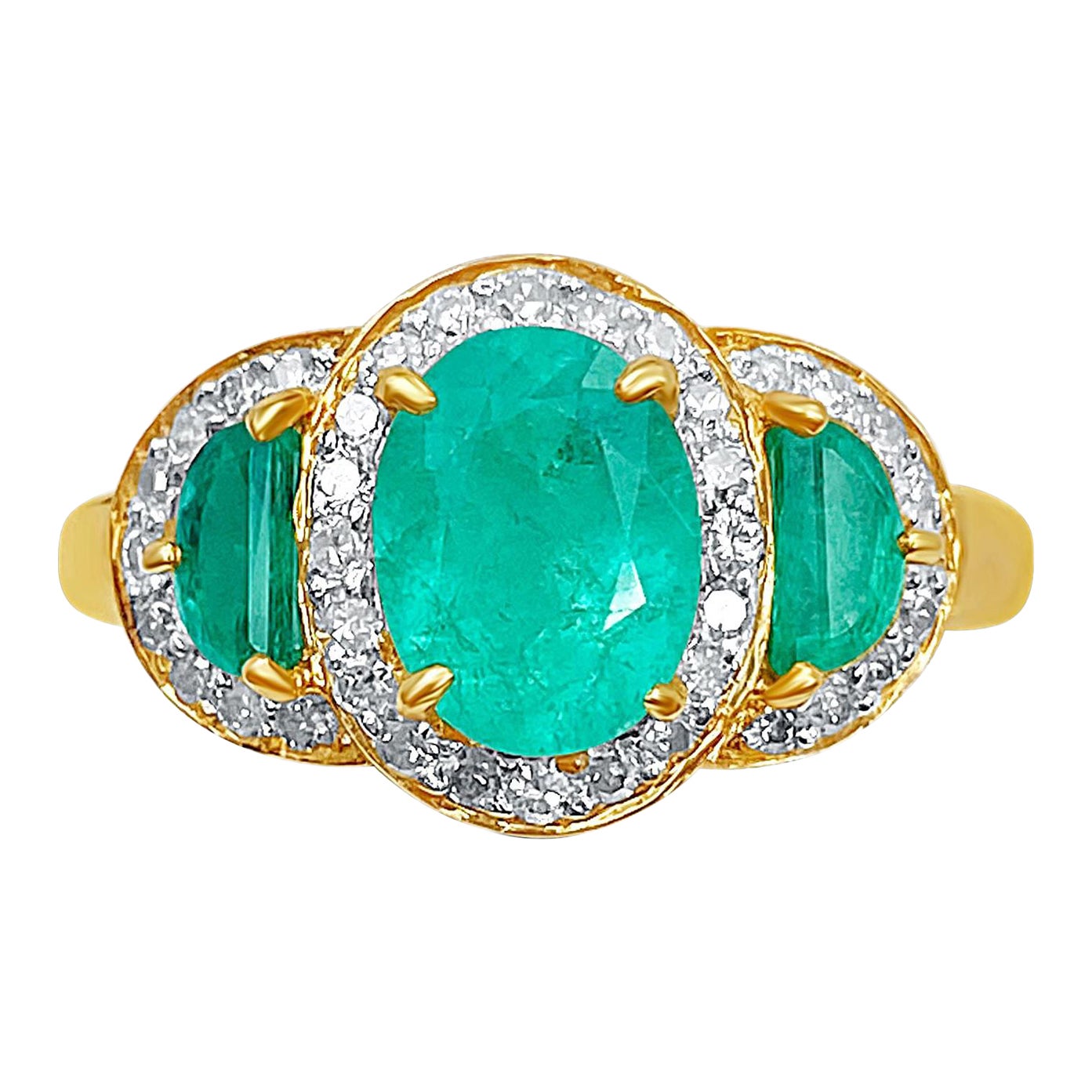 1.60 Carat Oval Cut Colombian Emerald, Diamond, and 18K Yellow Gold Ring For Sale