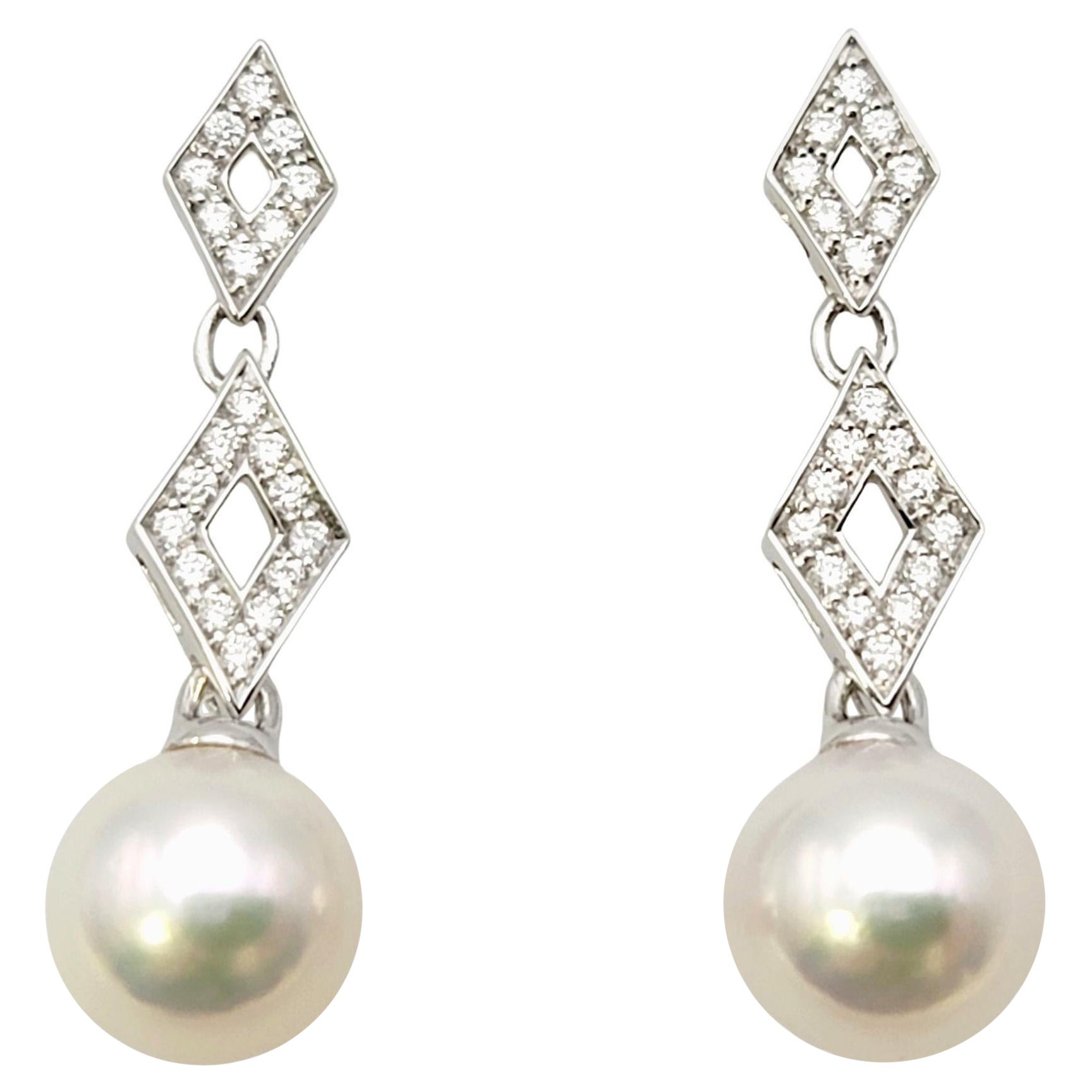 Mikimoto Cultured Pearl and Diamond Dangle Pierced Earrings 18 Karat White Gold For Sale