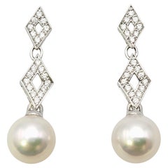 Mikimoto Cultured Pearl and Diamond Dangle Pierced Earrings 18 Karat White Gold