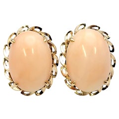 Vintage Oval Cabochon Coral 59.25 Carats Earrings with Scalloped Rose Gold Trim