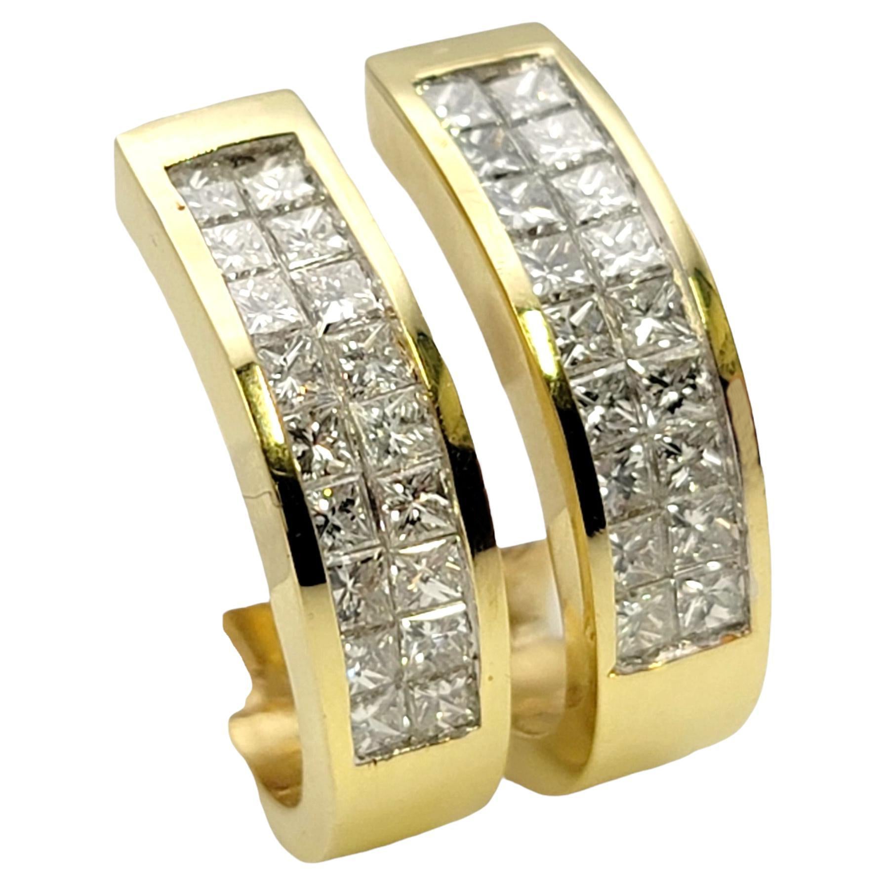 Multi Row Princess Cut Diamond Half Hoop Pierced Earrings 14 Karat Yellow Gold For Sale