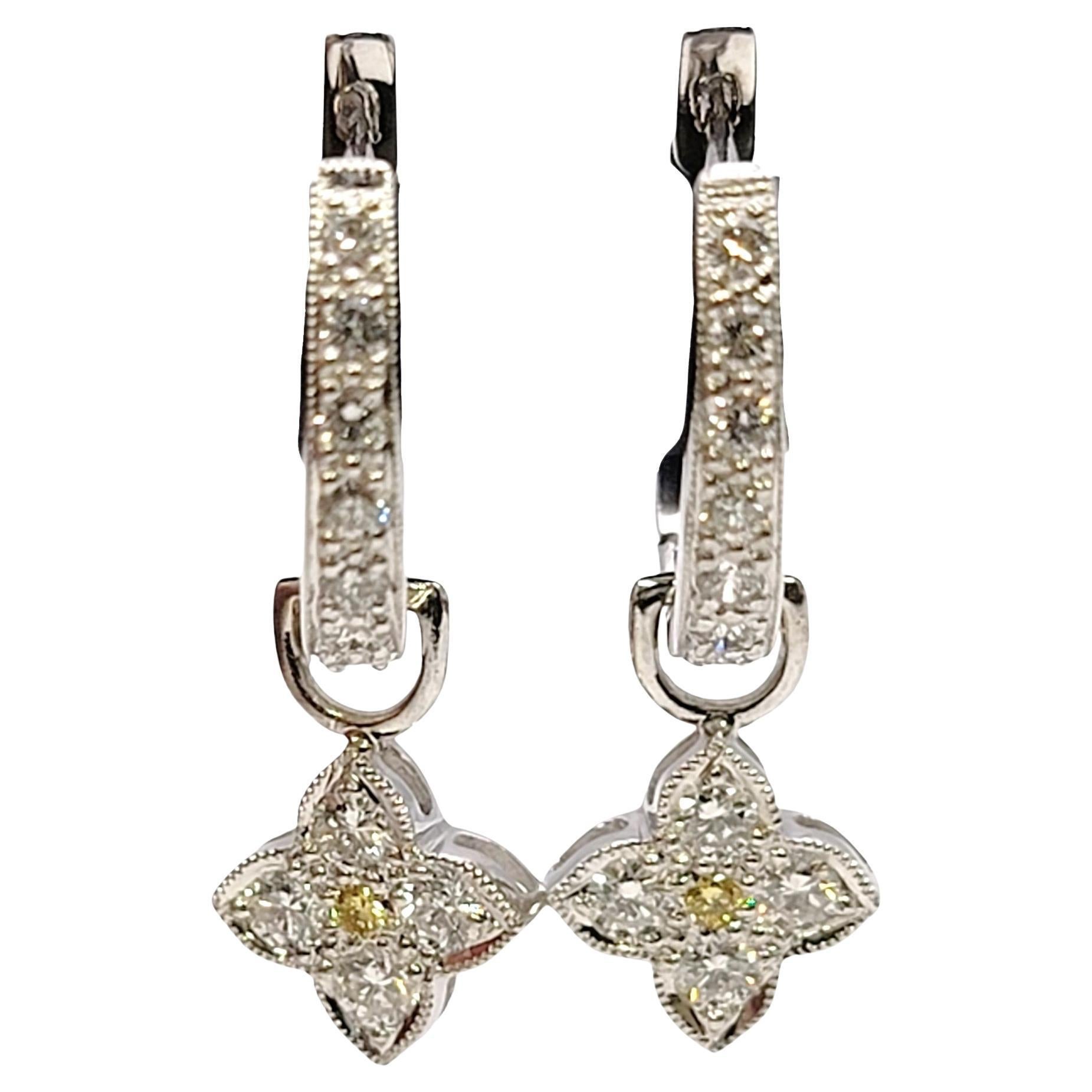  Round Diamond Huggie Hoop Earrings with Yellow and White Diamond Dangles For Sale
