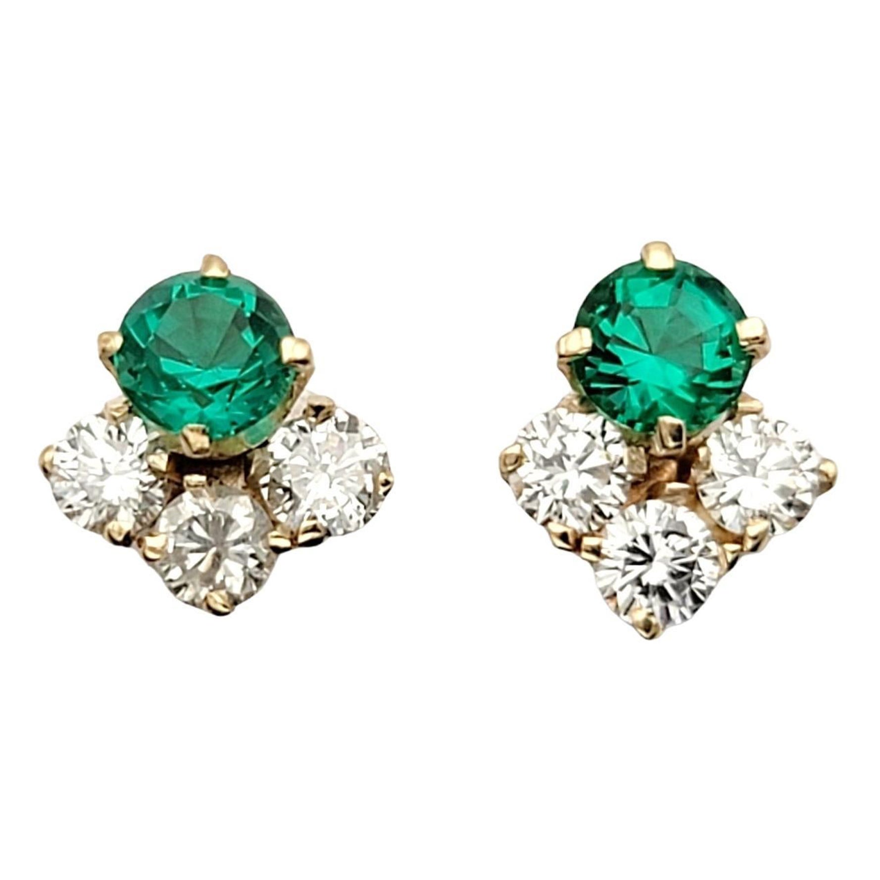 1.27 Carats Total Round Diamond and Lab-Created Emerald Stud Earrings
