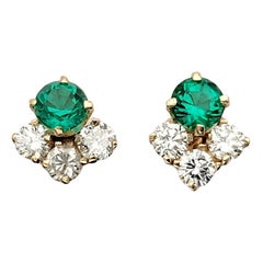 Used 1.27 Carats Total Round Diamond and Lab-Created Emerald Stud Earrings