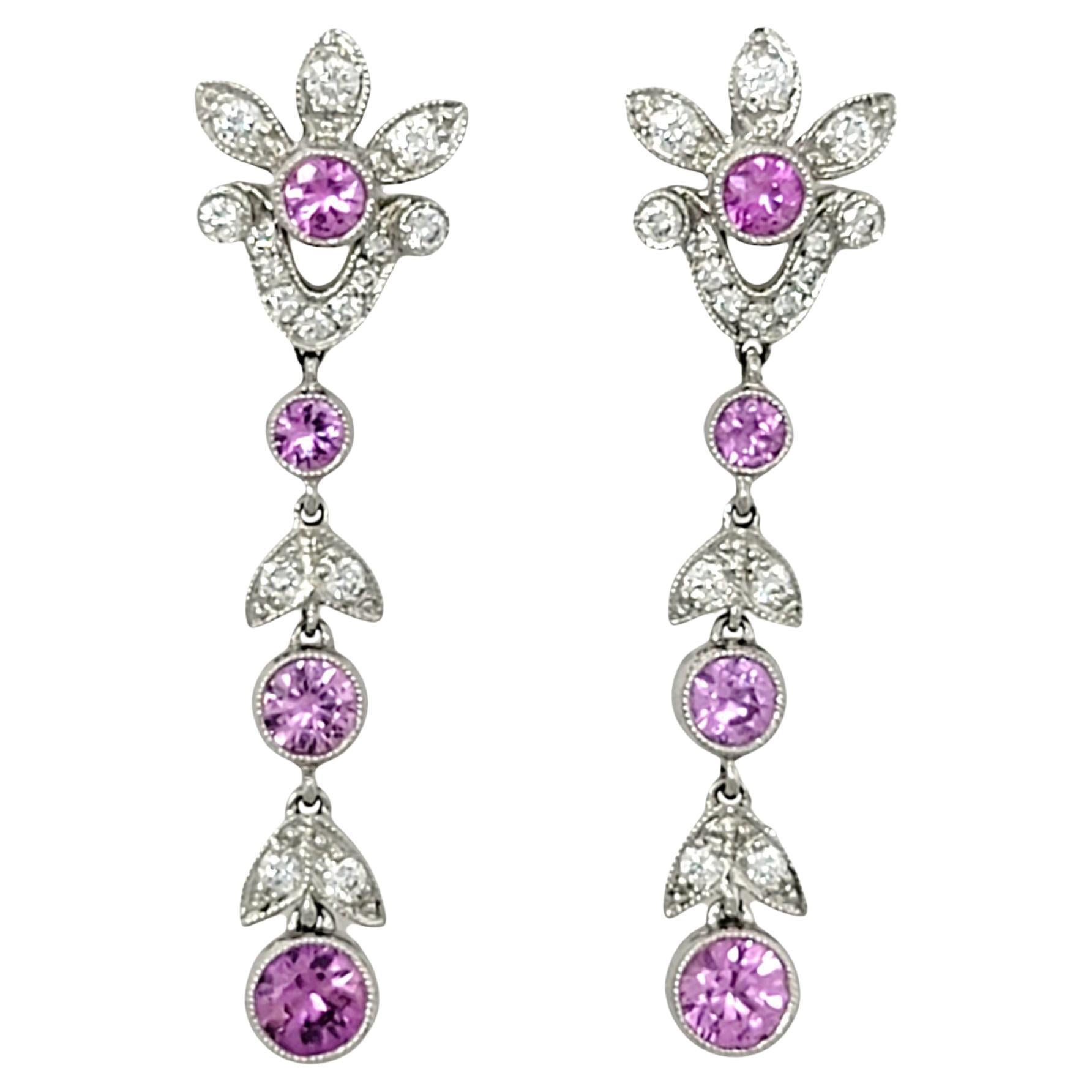 Tiffany & Co. Boucles d'oreilles pendantes en platine percées de saphirs roses et de diamants en forme de fleurs en vente