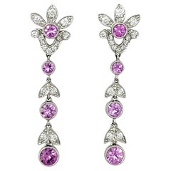 Tiffany & Co. Pink Sapphire and Diamond Floral Dangle Pierced Platinum Earrings