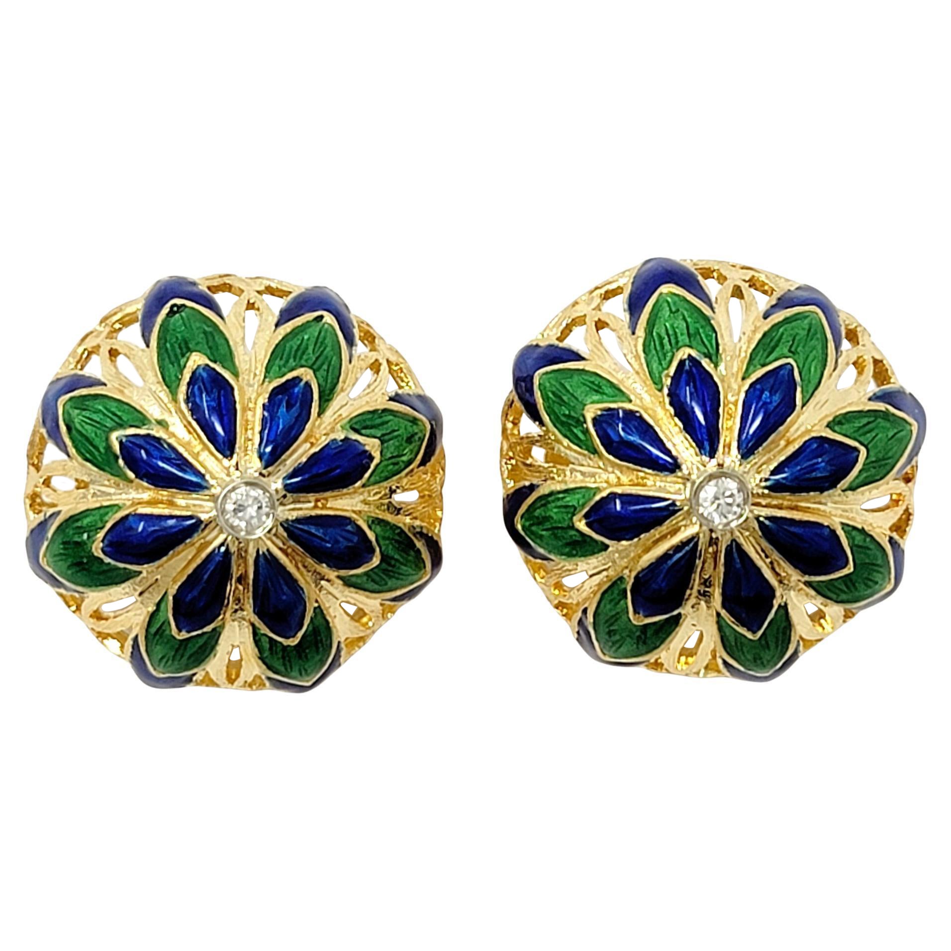 Diamond and Enamel Floral Dome Shaped 14 Karat Gold Non-Pierced Clip Earrings