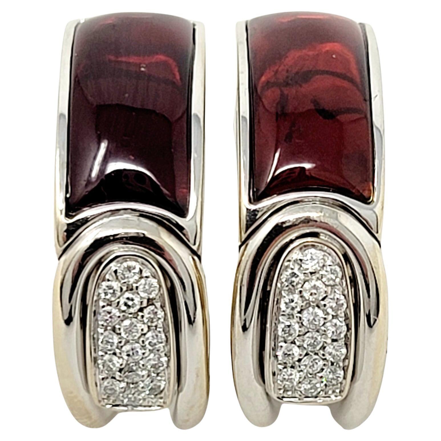 Diamond and Spessaritie Garnet Inlay Huggie Hoop Earrings in 18 Karat White Gold For Sale